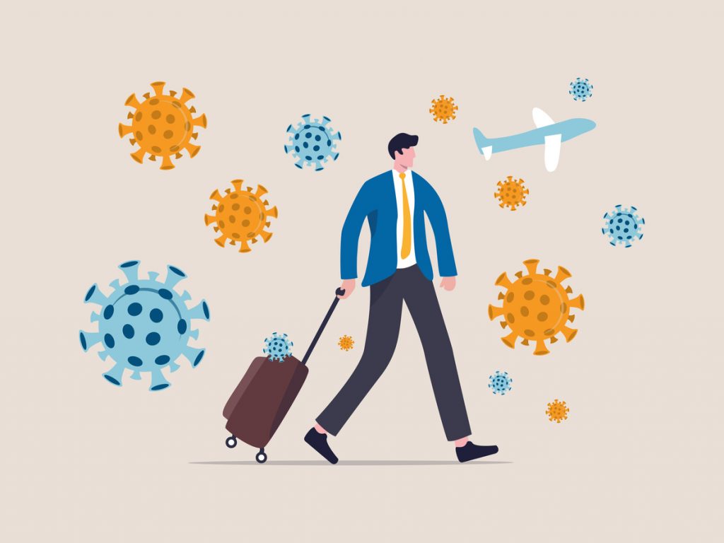 COVID-19 virus impact travel and tourist, novel coronavirus pandemic outbreak spread by traveller concept, businessman traveler with luggage walking in airport surround by COVID-19 virus pathogens. - HospitalityLawyer.com®