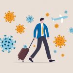COVID-19 virus impact travel and tourist, novel coronavirus pandemic outbreak spread by traveller concept, businessman traveler with luggage walking in airport surround by COVID-19 virus pathogens. - HospitalityLawyer.com®