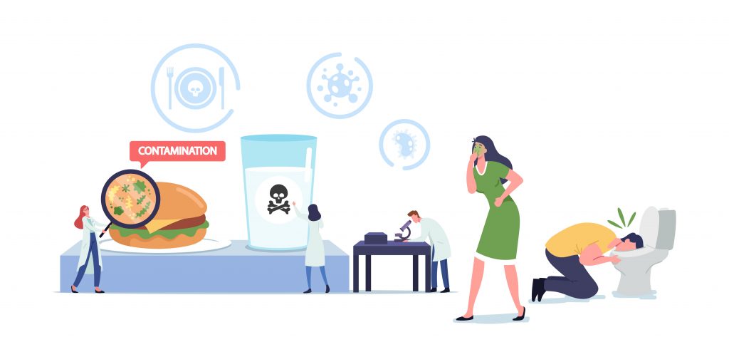 Food Poisoning, Contaminated Products Concept. Sick Characters Nausea and Vomit in Toilet Bowl, Tiny Doctors in Lab - HospitalityLawyer.com®