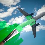 brush painting green an aircraft Greenwashing malpractice Zero emissions SAF or Sustainable Aviation Fuel and biofuel concepts - HospitalityLawyer.com® brush painting green an aircraft. Greenwashing malpractice, Zero emissions, SAF or Sustainable Aviation Fuel, Circular economy, net CO2 emissions or biofuel concepts.
