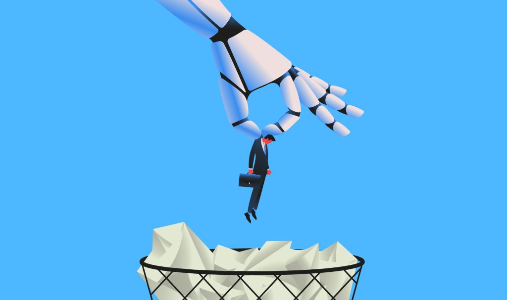 Giant robot throwing man in a trash can - HospitalityLawyer.com® Giant robot throwing man in a trash can. Artifical intelligence replacing jobs concept. Vector illustration.