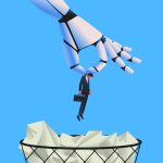 Giant robot throwing man in a trash can - HospitalityLawyer.com® Giant robot throwing man in a trash can. Artifical intelligence replacing jobs concept. Vector illustration.
