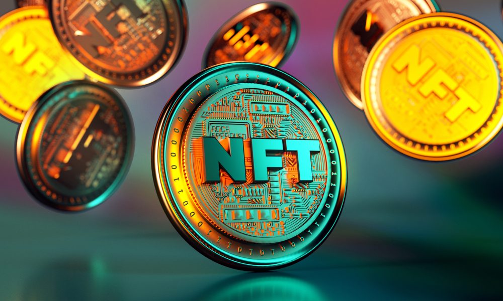 NFT non fungible token golden coins falling. Trendy cryptocurrencies and coins on the blockchain technology. Close up view of crypto money in 3D rendering