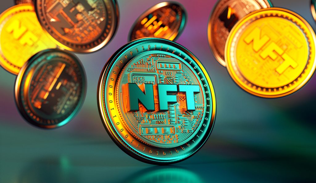 NFT non fungible token golden coins falling Trendy cryptocurrencies and coins on the blockchain technology Close up view of crypto money in 3D rendering - HospitalityLawyer.com® NFT non fungible token golden coins falling. Trendy cryptocurrencies and coins on the blockchain technology. Close up view of crypto money in 3D rendering