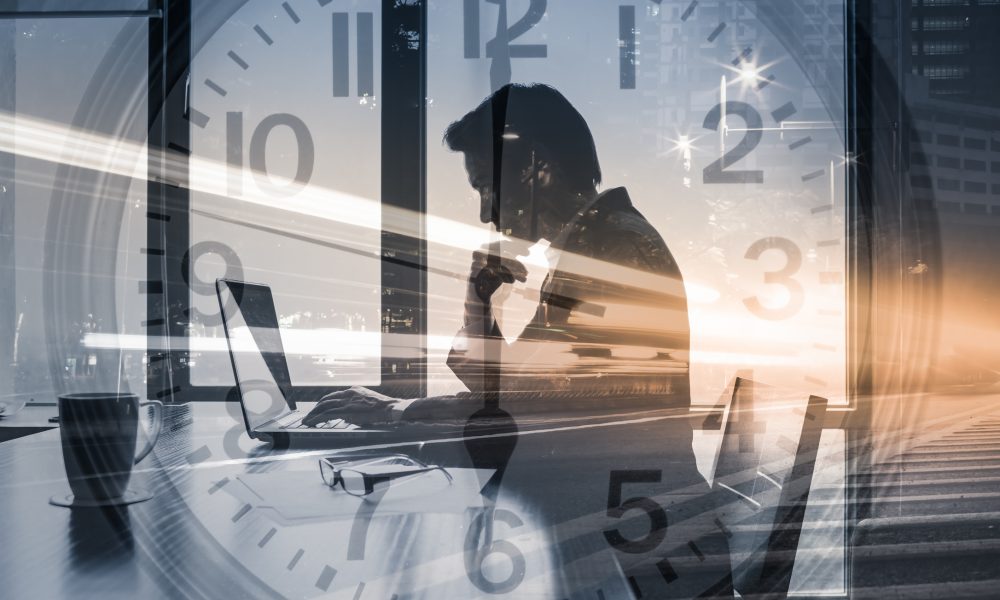 Work deadline, business success, and strategy concept. Double exposure