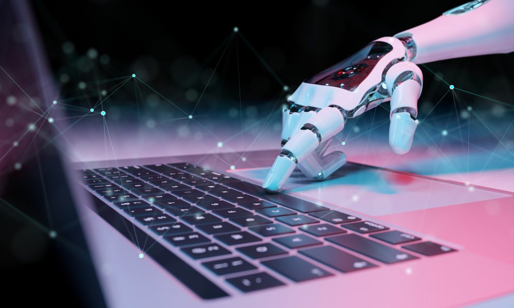 Robotic hand pressing a keyboard on a laptop 3D rendering