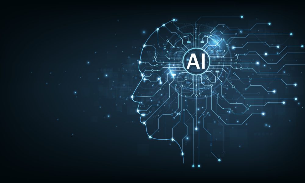 Electronic brain and Concept of artificial intelligence(AI). Graphic of a digital brain and Human head outline made from circuit board, connecting on dark blue background.