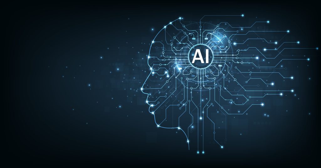Electronic brain and Concept of artificial intelligenceAI - HospitalityLawyer.com® Electronic brain and Concept of artificial intelligence(AI). Graphic of a digital brain and Human head outline made from circuit board, connecting on dark blue background.