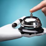 Person Ringing Service Bell Hold By Robot - HospitalityLawyer.com® Person's Ringing Service Bell Hold By Robot On Turquoise Background