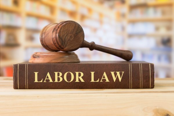 Labor Law books with a judges gavel on desk in the library.