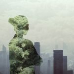 adult woman person standing with ideas in contemplation and absence in smog urban city reflection with nature trees multi-layered effect in silhouette shadow rear view waist up composite image women - HospitalityLawyer.com®