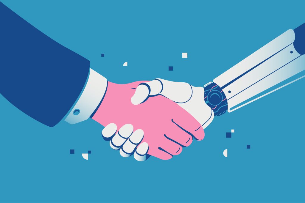 Handshake with a robot Robot and businessman shaking hands Collaboration between human and artificial intelligence Robotization in business Vector illustration - HospitalityLawyer.com®