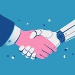 Handshake with a robot Robot and businessman shaking hands Collaboration between human and artificial intelligence Robotization in business Vector illustration - HospitalityLawyer.com®