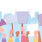 manifestation activists hands raised in protest with speaker and billboards - HospitalityLawyer.com®