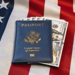 concept for citizenship or travel United States passport holding many US dollar bills and set against Stars and Stripes - HospitalityLawyer.com®